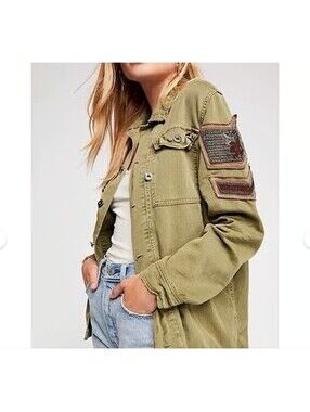Free People olive green size Large embellished military shirt jacket beaded